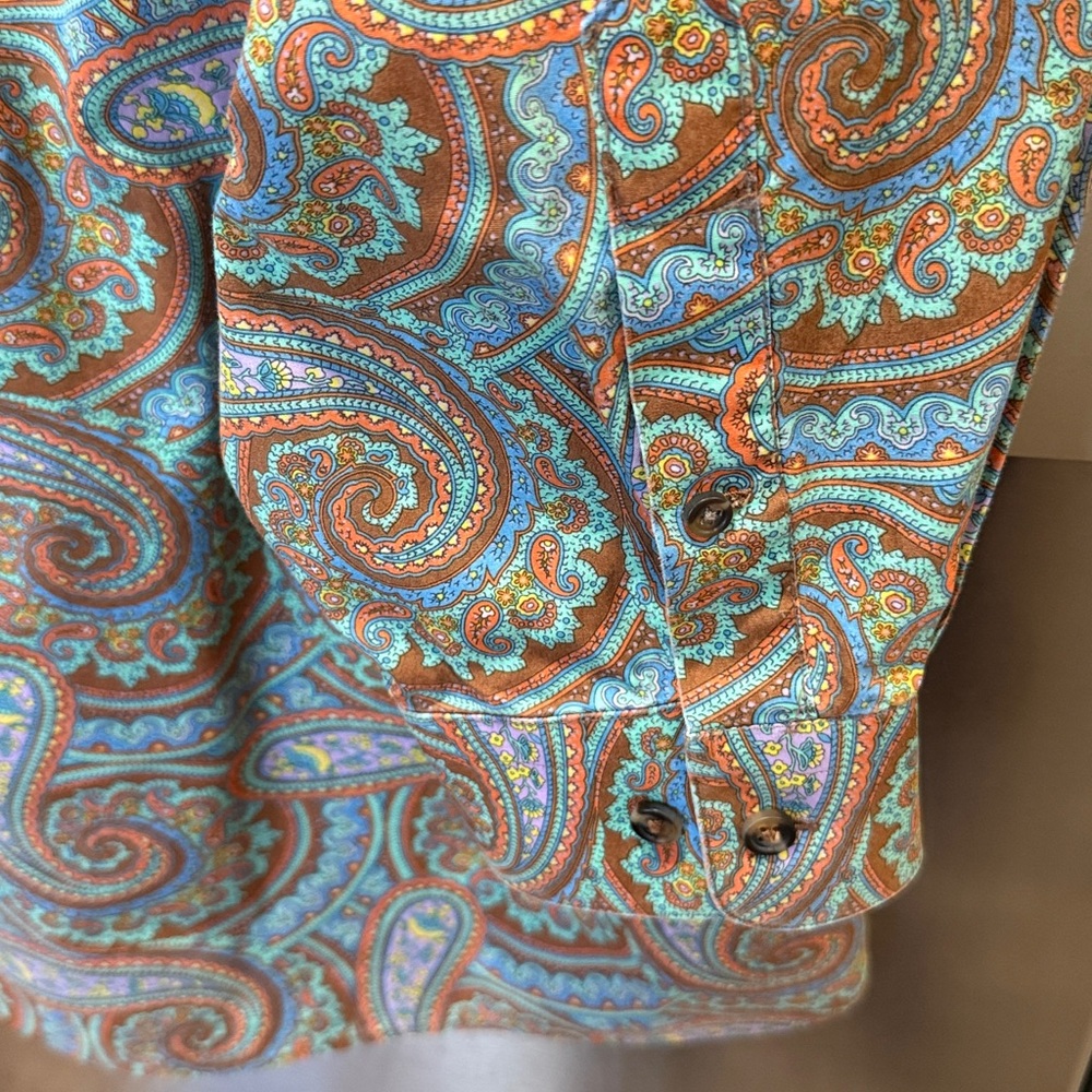 Paul Fredrick 100% Cotton Paisley Shirt in Soft Blue and Orange. LVery Good Cond - Picture 9 of 10